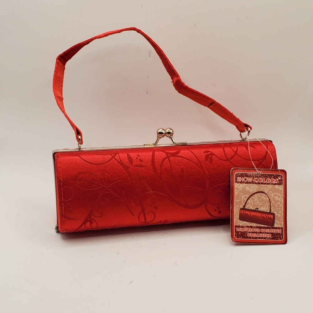 Vintage Red Round Shiny Satin Handbag With Floral Accents And Silver Hardware.